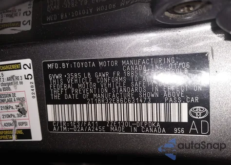 2006 Toyota Corolla Ce из США, поврежденный, VIN 2T1BR32E86C631473